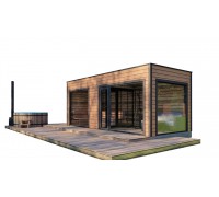 Gartensauna-22 modular sauna, 5.5 x 2.3 m, with slatted finish and panoramic window, turnkey