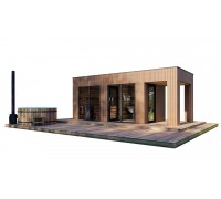 Gartensauna-22 modular sauna, 5.5 x 2.3 m, with slatted finish and panoramic window, turnkey