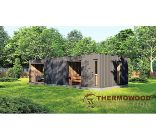 Каркасная баня 9,5х4,7м High-Tech Sauna 02 под ключ в современном стиле хай-тек от производителя ThermoWood Каркасная баня 9,5х4,7м High-Tech Sauna 02 под ключ в современном стиле хай-тек от производителя ThermoWood