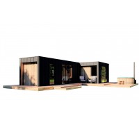 Ein schlüsselfertiges, 9,0 x 5,0 m großes High-Tech-Sauna 06-Rahmenbadehaus im modernen High-Tech-Stil aus ThermoWood.