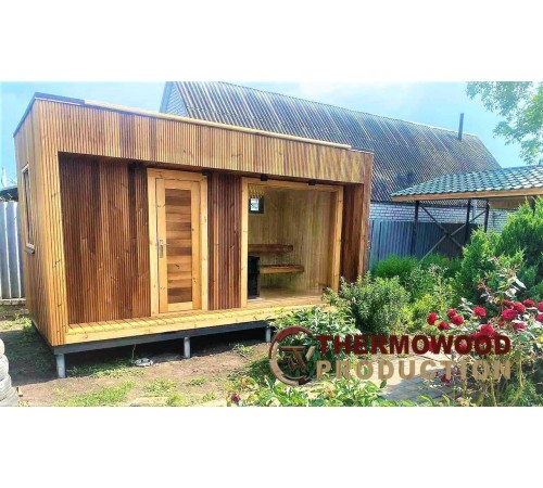 Модульная баня 5х2,6м Панорама Gartensauna-12 под ключ от производителя.