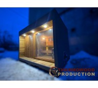 Modułowa sauna ramowo-panelowa ThermoWood Production, 4,0 x 2,75 m, Gartensauna 26, z oknem panoramicznym