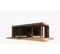 Sauna House 17 to modułowy dom szkieletowy o wymiarach 8,0 x 3,0 m z łazienką i pomieszczeniem sanitarnym oraz oknami panoramicznymi.