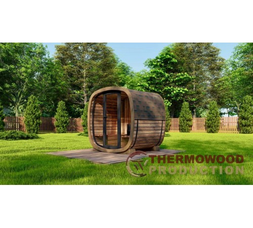 Квадро баня бочка 2.4x1,6м Gartensauna-29 зі скляним фасадом під ключ 