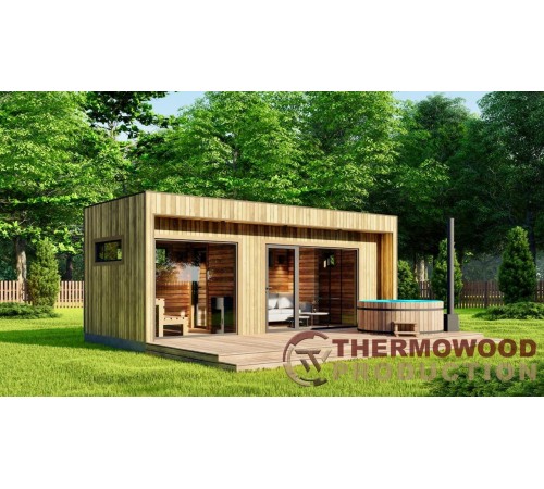 Готовая модульная сауна 7,0х2,7м с панорамными окнами Gartensauna-31 из цеха производителя.