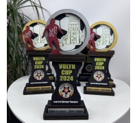 Duży, spersonalizowany puchar zwycięstwa, drewniana nagroda piłkarska z logo, oryginalne trofeum sportowe za zwycięstwo