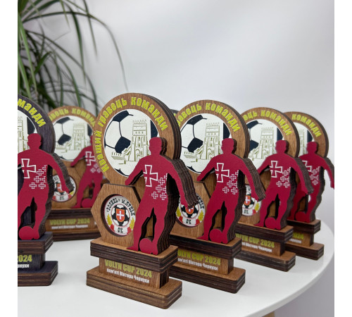 Personalisierte Sportauszeichnung für den Sieg, Fußballpokal aus Holz mit Gravur, Holzschild mit Logo.
