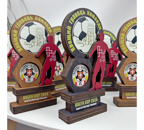 Personalisierte Sportauszeichnung für den Sieg, Fußballpokal aus Holz mit Gravur, Holzschild mit Logo.