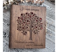 A wooden photo album with a personalized engraving is a wedding anniversary gift.