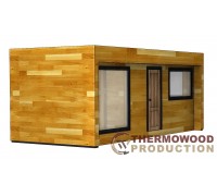Mobile sauna Gartensauna-37, 7.0 x 3.2 m, with panoramic windows, a bathroom and a bed