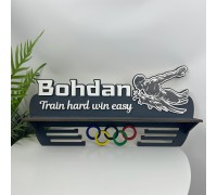 Swimming medal holder with child's name, wooden medal holder.