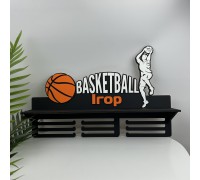 Wooden medal holder for a basketball player, wooden medal holder with a shelf for cups.