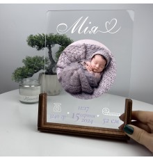 Печать детского фото на акриле, детский акриловый постер с метрикой и именем.