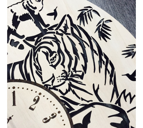 Wall clock, designer "Jungle", natural wood