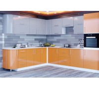 Modern corner kitchen set, 4.9 m, without countertop, Orange gloss, Silver metallic