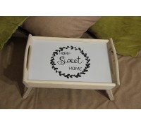 Wooden breakfast tray table with folding legs, hand-painted "HOME SWEET HOME"