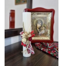 Стрітенська свічка з декором з сухоцвітів зеленого кольору 28*3.5 см