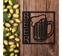 A beer-themed wooden wall mural