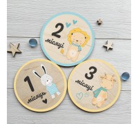Ein Set süßer Holzschilder für Baby-Fotoshootings von 1 Monat bis 1 Jahr in den Farben Gelb und Blau.