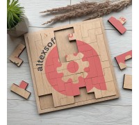 Wooden puzzle with logo.