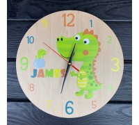 A dinosaur wall clock in a boy's room