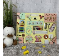 Personalized developmental busy board for girls, large board for early child development, 50x65 cm (22 pieces)