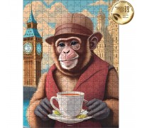 Klassisches Holzpuzzle. Affe trinkt Tee in London.