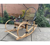 Beech wood "Rattan" swing chair, black with white accents