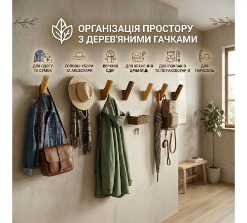 Настінні дерев'яні гачки для одягу, головних уборів, сумок горіх